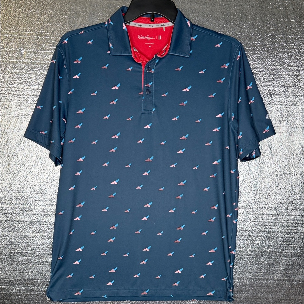 Walter Hagen Navy White and Red Eagle Flag Patterned Men's Polo